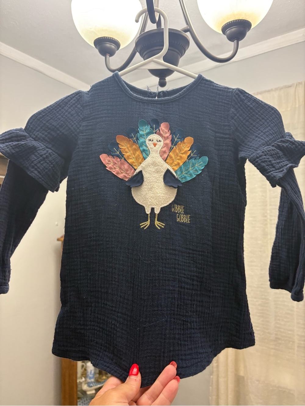 Mud Pie Navy Long-Sleeve Turkey Applique Top with Colorful Feathers